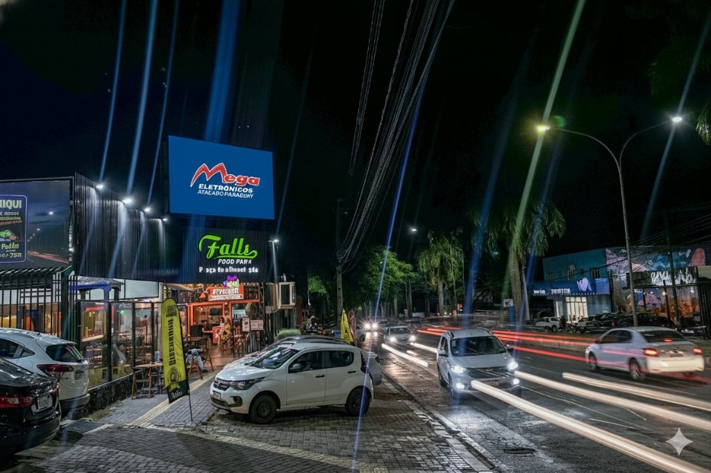 Painel LED Mega Eletrônicos à noite na Av. das Cataratas